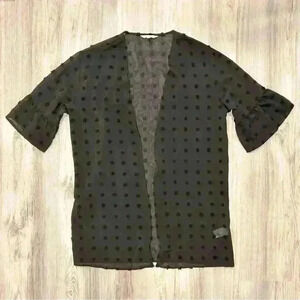 Amaryllis Black Swiss Dot Ruffle 3/4 Sleeve Sheer Open Flowy Cardigan Size M/L